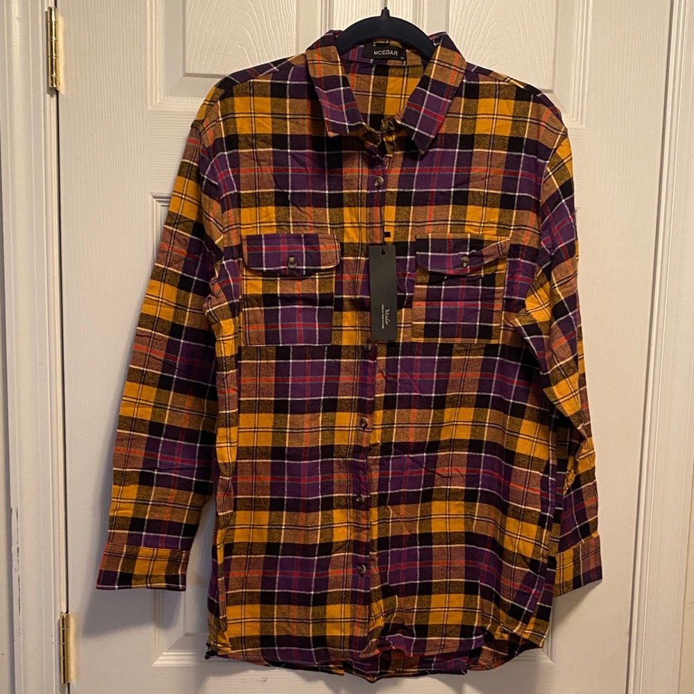 Mcedar Women’s Mustard and Purple Plaid Button-Up Shirt…size 1X